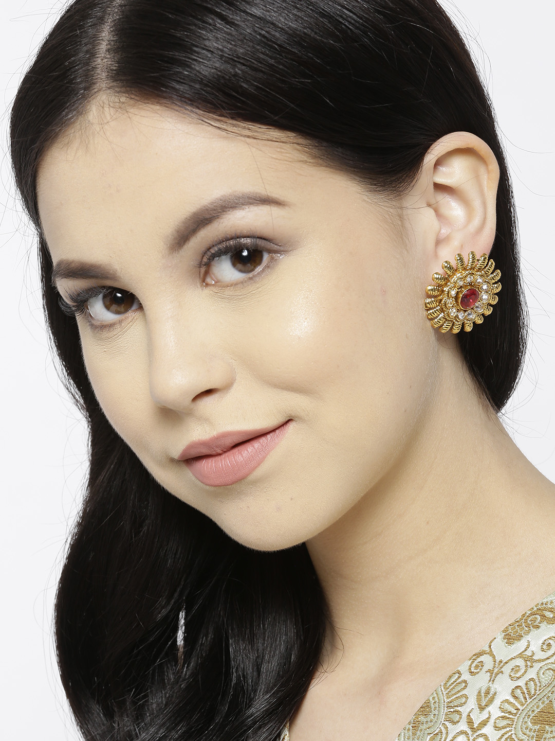 YouBella Pink Gold-Plated Textured Circular Oversized Studs